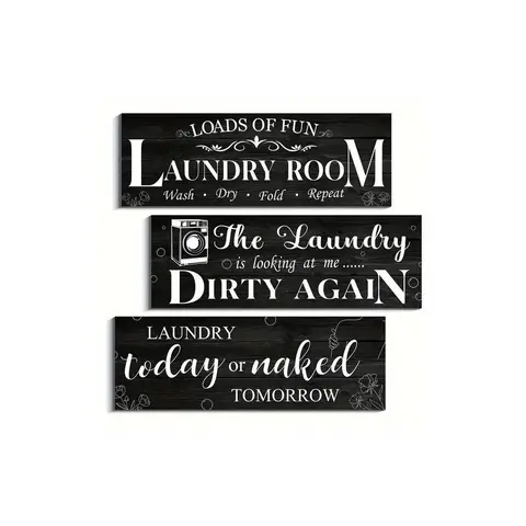 Laundry Room Wooden Wall Decor, 3 Counts/set Letter Pattern Wall Art, Wood Sign, Wall Decor Plaque, Wall Decor for Home Living Room Bedroom Bathroom, Bathroom Decorations, Hanging, Home Decor Products