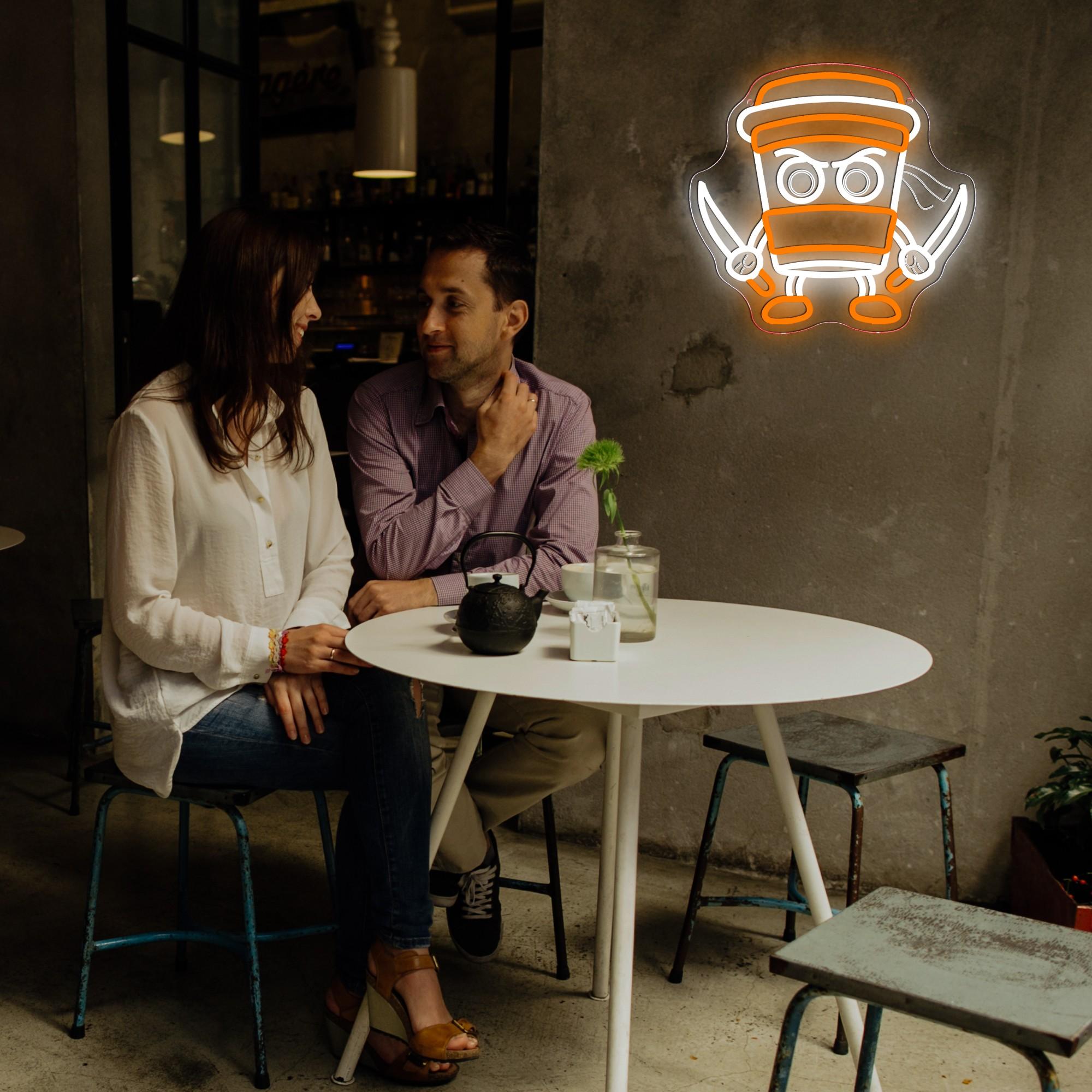 Italian Cappuccino and Assassin Neon Sign, Dimmable, Fun Cappuccino Killer Neon Sign, Ninja Coffee Cup Wall Decor, Suitable for Bedroom, Club, Cafe, Bar, Interior Decoration, Gift