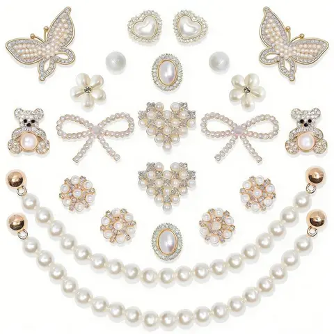 Women's 24 Pcs Style 1 Shiny Pearl-Flower Rhinestone Chain Shoe Embellishment Set - Shoe Decoration, Decorative Accessories for Slippers, Party Use, Ideal for Girlfriends