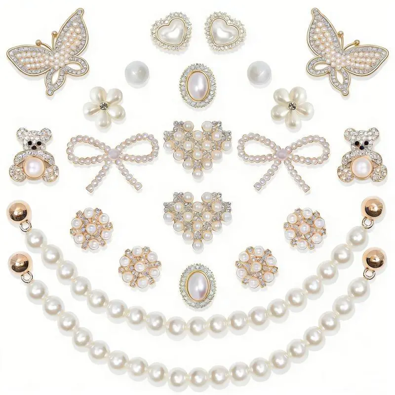 Women's 24 Pcs Style 1 Shiny Pearl-Flower Rhinestone Chain Shoe Embellishment Set - Shoe Decoration, Decorative Accessories for Slippers, Party Use, Ideal for Girlfriends