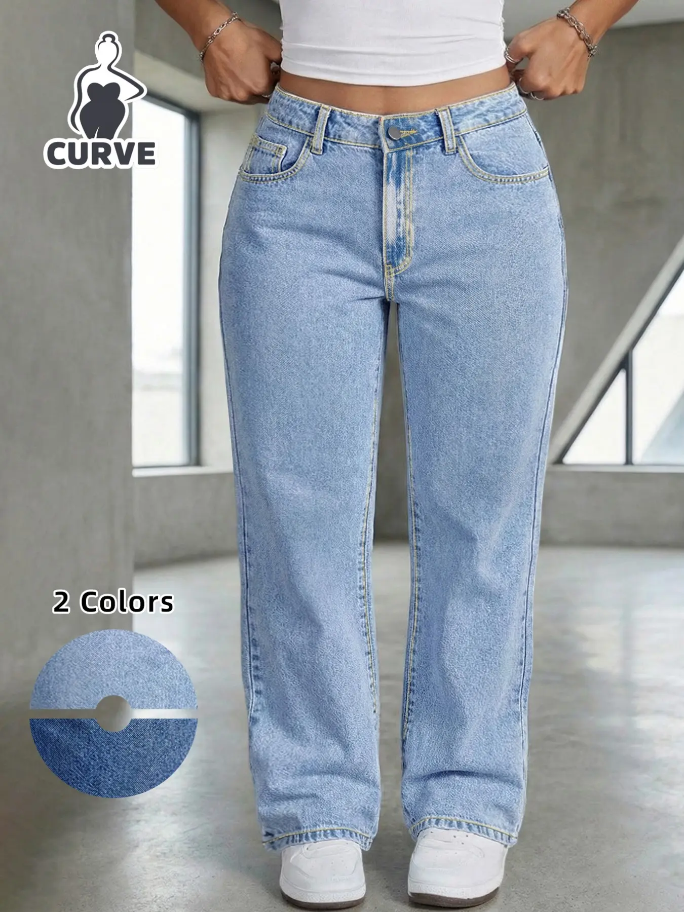 Plus Size Light Wash High Waist Wide Leg Denim Jeans, Elastic Back Waistband, Curvy Relaxed Fit, 90s Vintage Style for Curvy Women