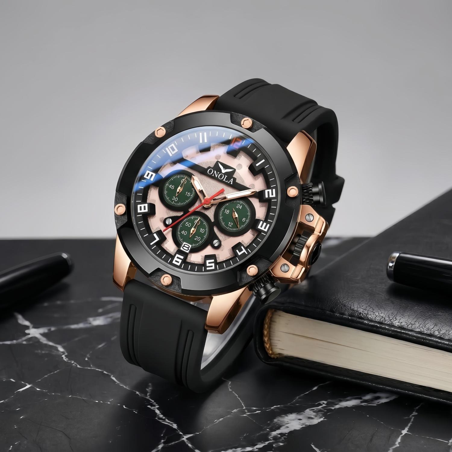 ONOLA Men Quartz Watch Round Triple Dial Chronograph Wrist Watches, Fashionable and Trendy Business Watch, Luminous Sports Watches, Metal Case with Silicone 30-Meter Water-Resistant Watch, Outdoor Casual Men's Watch, Perfect for Holiday Gifts