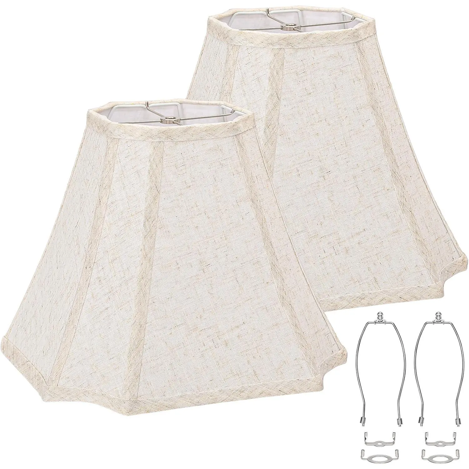 Square Cut Corner Bell Lamp Shades Set of 2, 6.5" x 13"x 10.5", Beige | Medium Replacement Lampshades, Natural Linen Handcrafted, Include 2 Lamp Harps, Suitable for E26 & Saddle Base, Easy Assembly