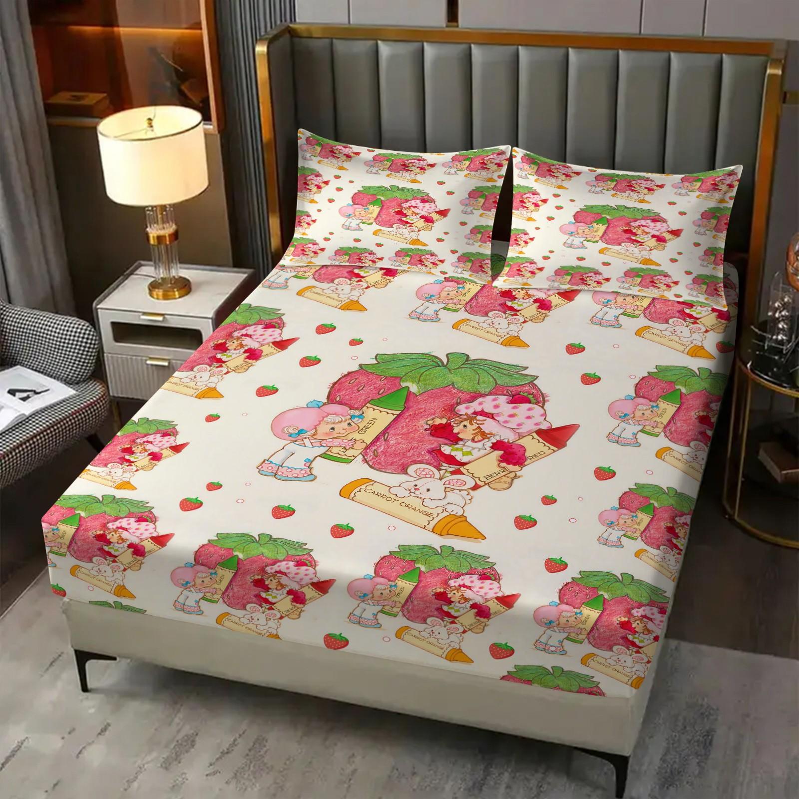 Strawberry Shortcake Fitted Sheet Set, 1 Fitted Sheet + 2 Pillowcases - 3 Pcs Soft Breathable Bedding with Deep Pocket, 360° All-Round Wrap, Wrinkle Resistant, Cute Strawberry Cartoon Bed Sheets for Girls Bedroom Decor, Full Size