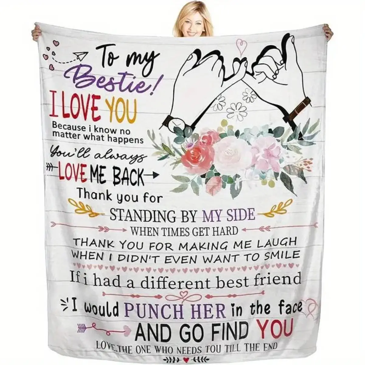 To My Bestie Friendship Blanket, Heartfelt Best Friend Throw Blanket, Floral Pinky Promise Gift for Birthday, Christmas, Graduation, Best Friend Keepsake