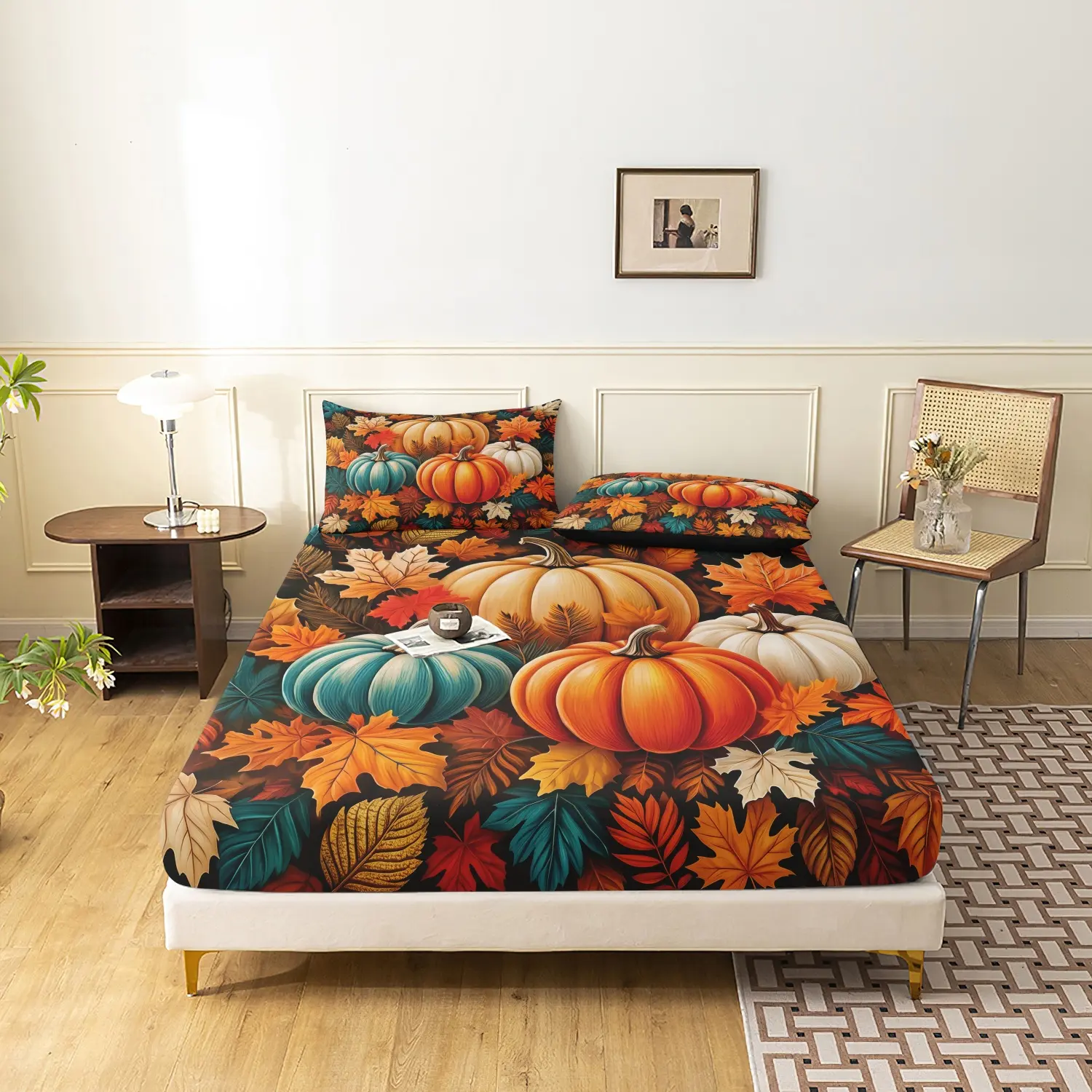 3 Pieces Fall Colorful Pumpkin Print Fitted Sheet Set, Teal Orange White Pumpkin Maple Leaf Autumn Harvest Printed Bedding, For Bedroom Decoration, Multiple Sizes Available (1 Fitted Sheet + 2 Pillowcases, No Pillow)