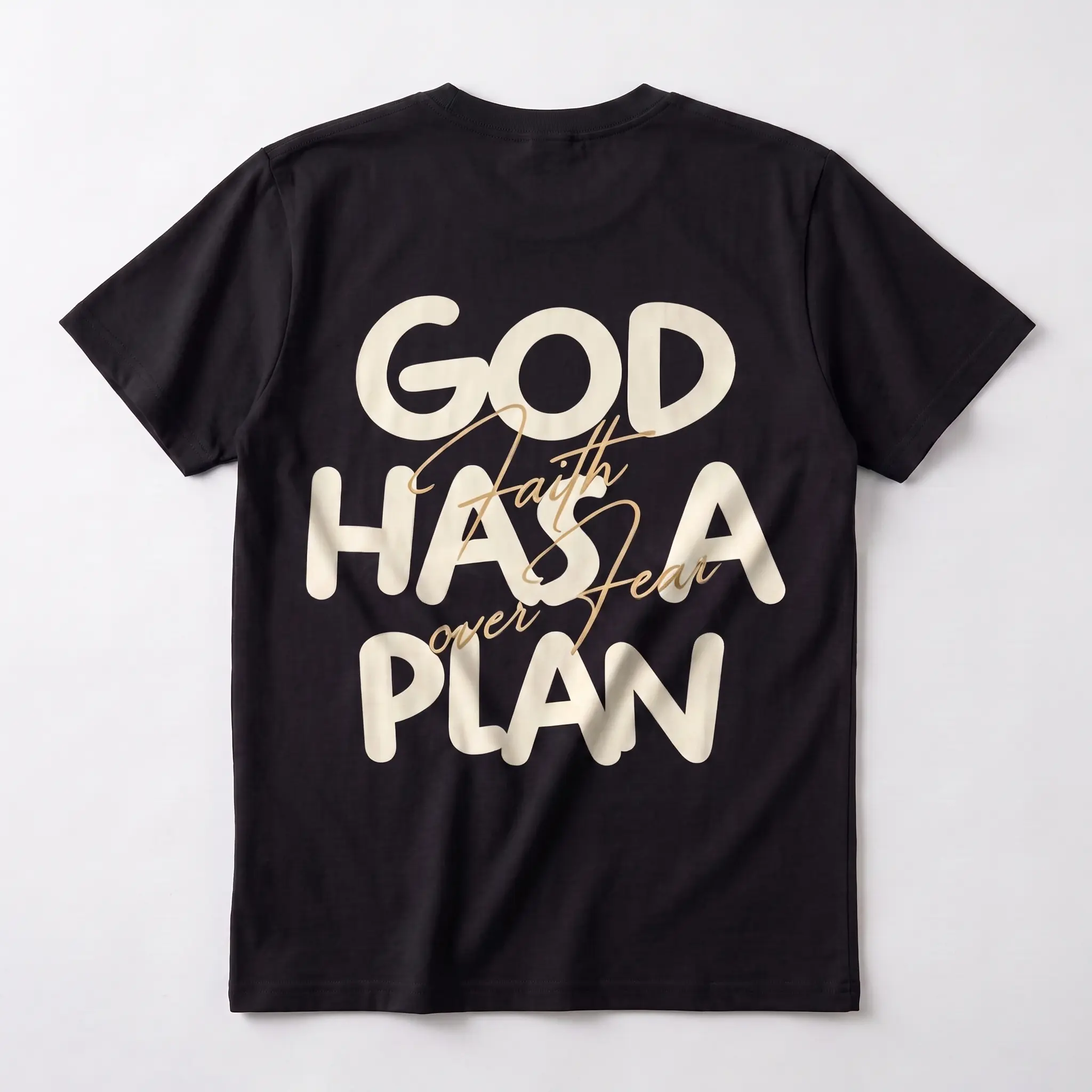 God Has A Plan Faith Over Fear Text Graphic T-Shirt, Inspirational Christian Faith Tee, Religious Believer Apparel, Unisex Cotton Shirt Gift For Church Followers Men Women LK00137TD