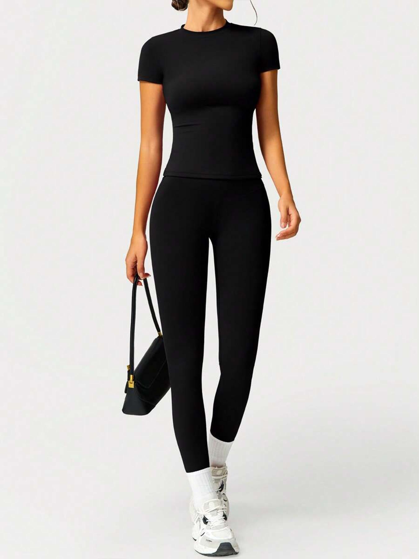 Women's Sporty Fitted Yoga Tracksuit Set, Soft Breathable Stretch Fabric Activewear Short Sleeve Top & Elastic Pants, Ideal for Fitness Running Outdoor Activities