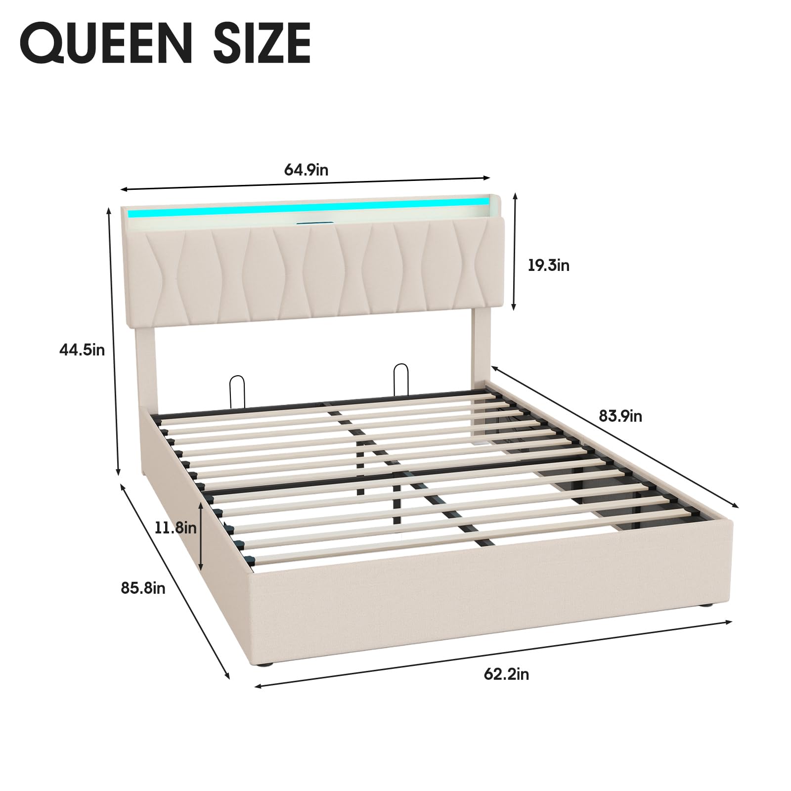 Vabches Lift Up Storage Bed Frame with Adjustable Headboard, Charging Station, LED Lights, Wood Slats, Noise-Free, No Box Spring Needed