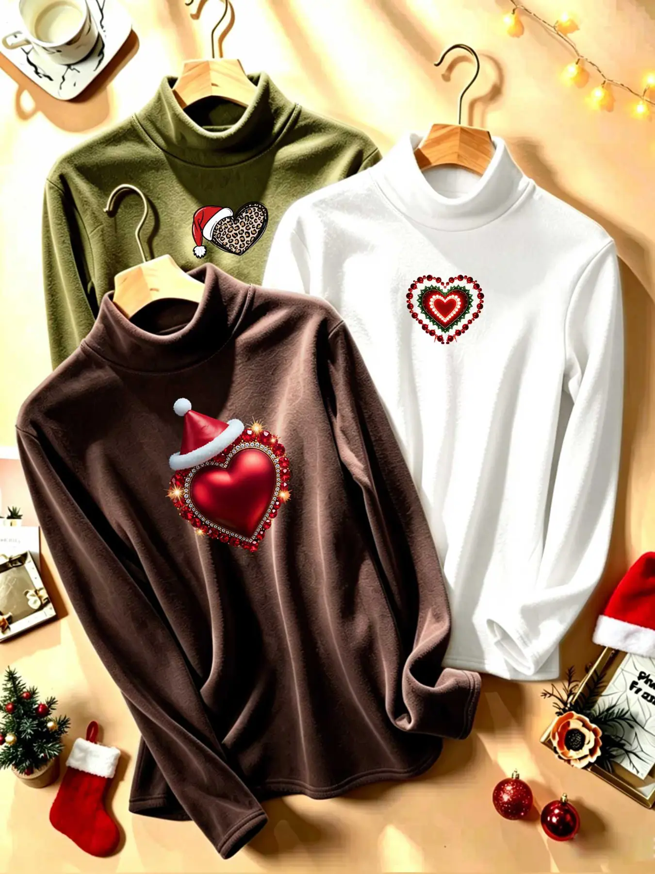 3Pcs Women's Turtleneck Fleece Lined Undershirts With Leopard Heart Christmas Print, Multi-color Available, Machine Washable, Fall Winter Tops, Soft Skin-friendly Fabric, Daily Matched, Casual Fashion Design