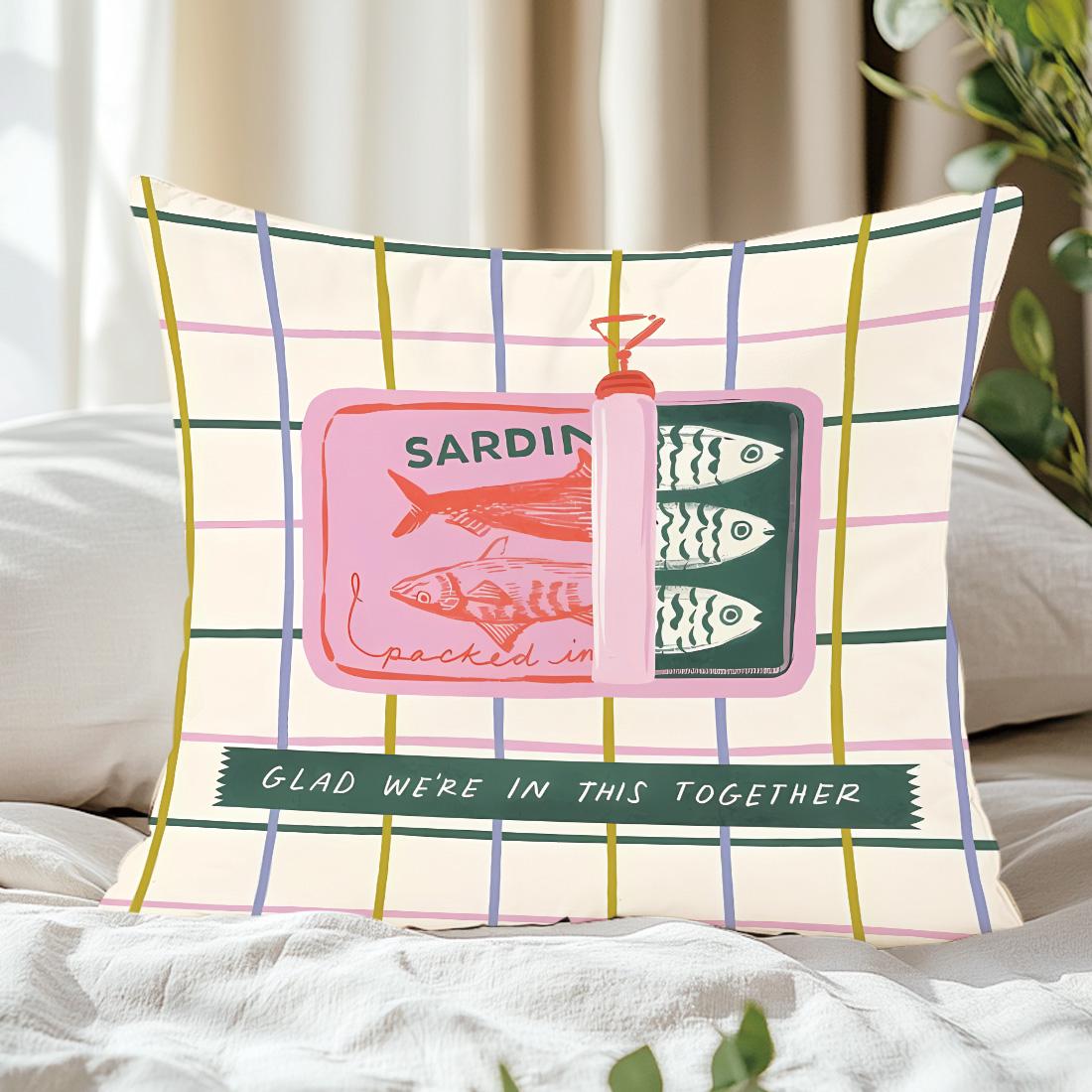 Sardine Can Illustration Pillow Cover, Single-Sided Print, Home Decor for Living Room Bedroom, No Insert Included