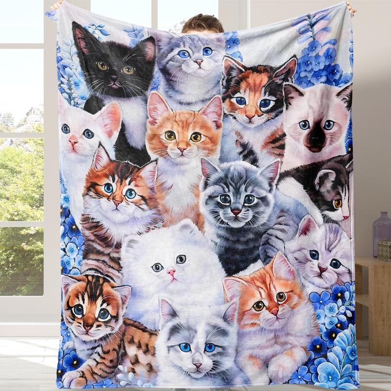 Room Decor Cat Pattern Flannel Blanket with Storage Bag, Soft Warm Napping Throw Blanket , Cozy Bedding for Office, Rest Blanket for Air-conditioned Room, Gift for Friend, Bedroom Accessories, Travel Essentials, Cartoon Pattern Blanket