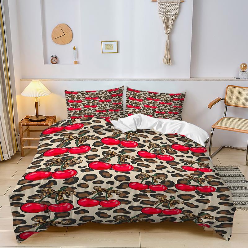 2/3Pcs Leopard Print Cherry Pattern Duvet Cover Set , Retro Sweet and Cool Girl Style Bedding Set, Wild Tension, Sweet Vitality, Full of Retro Sweet and Cool Bedroom Atmosphere, Including 1 or 2 Pillowcases - No Padding/Zipper Closure