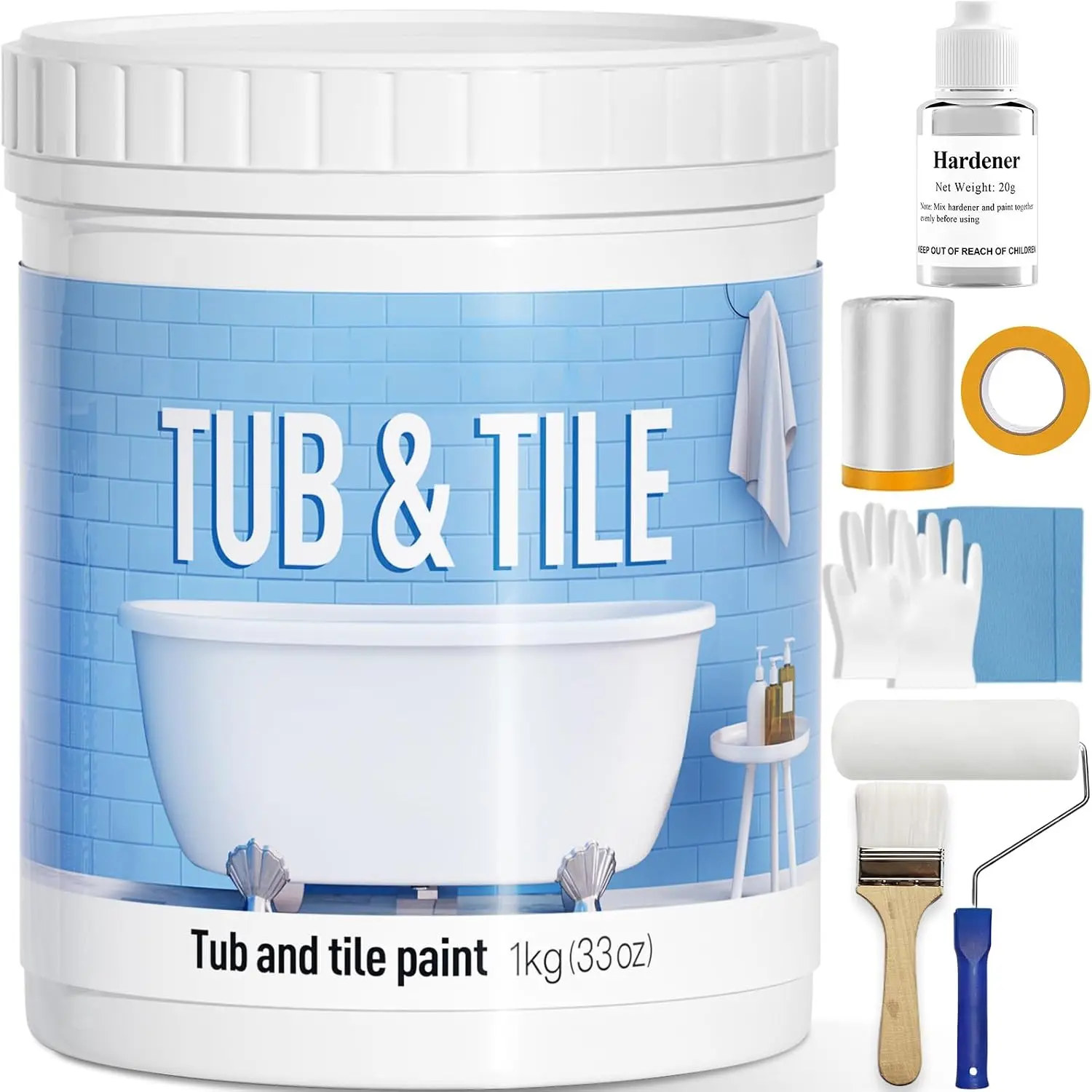 Tub and Tile Refinishing Kit,33oz Quick-Dry Tile Paint for Wall & Floor, Sink Bathtub Paint for Bathroom, Kitchen, Toilets, Water Based, Semi-Gloss White, 50-55sq.ft