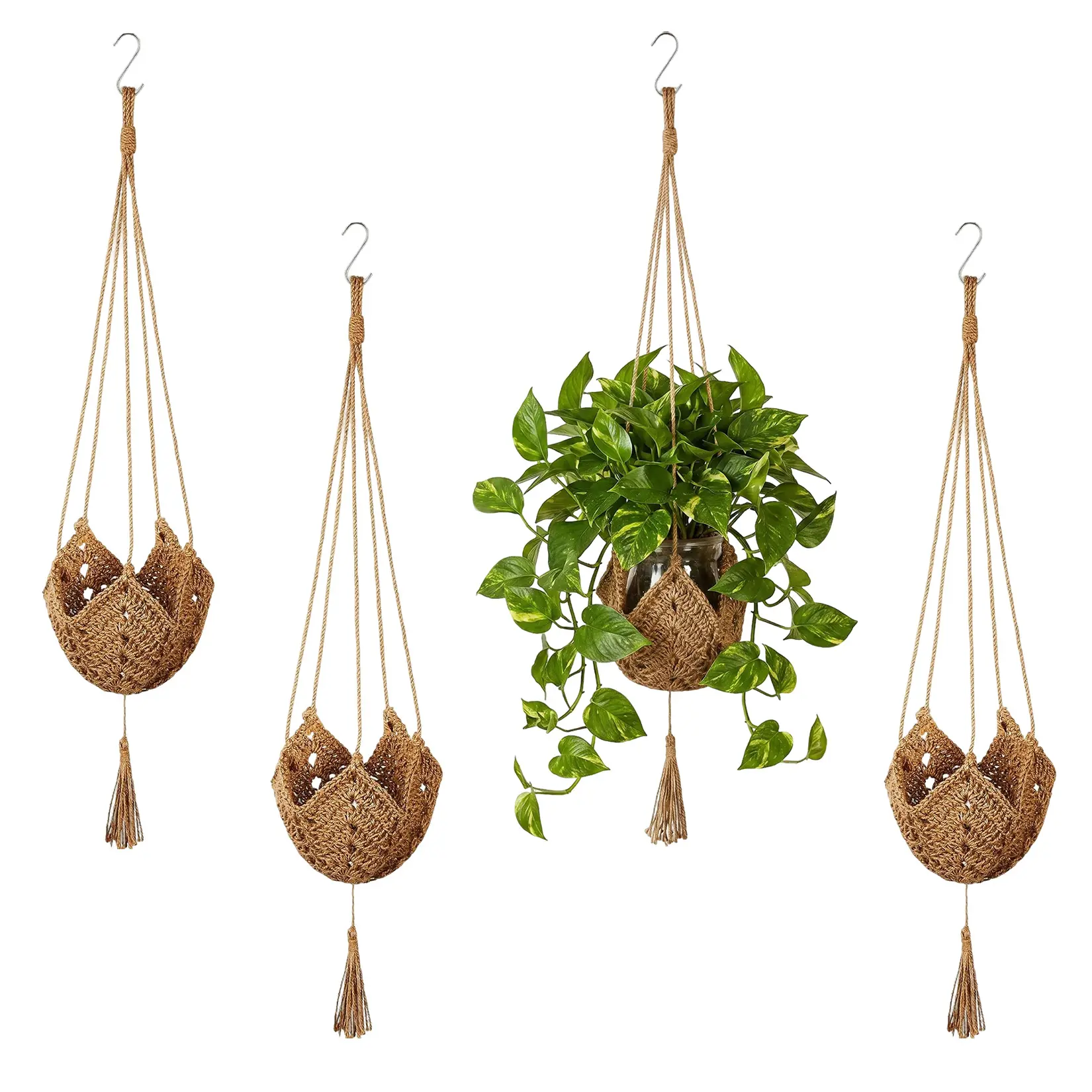 40in Jute Macrame Plant Hanger Petal Shape Handwoven Hanging Basket for Indoor Pothos Ivy Boho Home Decor with Tassel and Metal Hook