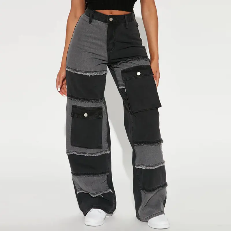 Women's Cotton Blend Color Block Cargo Jeans, High Waist Patchwork Frayed Wide Leg Baggy Casual Streetwear Denim Pants