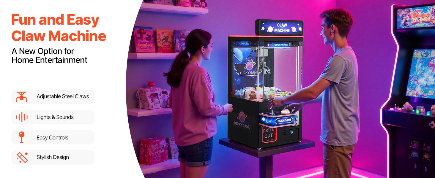 VEVOR Claw Crane Machine, Medium-Sized Arcade Game Machine with Light Sound, Adjustable Steel Claws, Precise Toy Candy Grabber Prize Dispenser Vending Toy, for Commercial Home Cinema, Black Purple