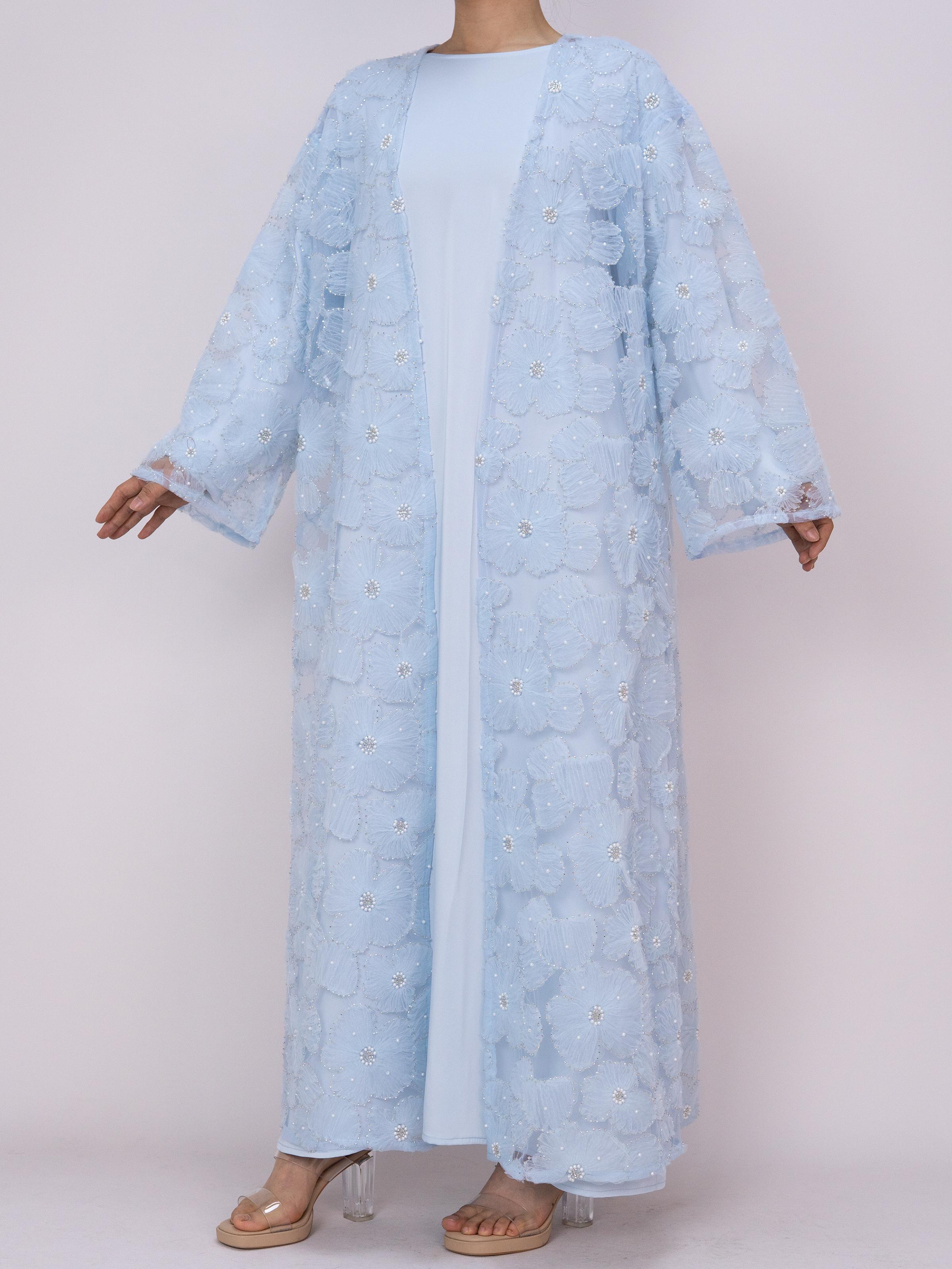 Women's 2-Piece Open Floral Embellished Abaya Floral Beaded Coat Set, Satin Lined Dress (Open Abaya + Inner Dress), Stylish Spring & Fall