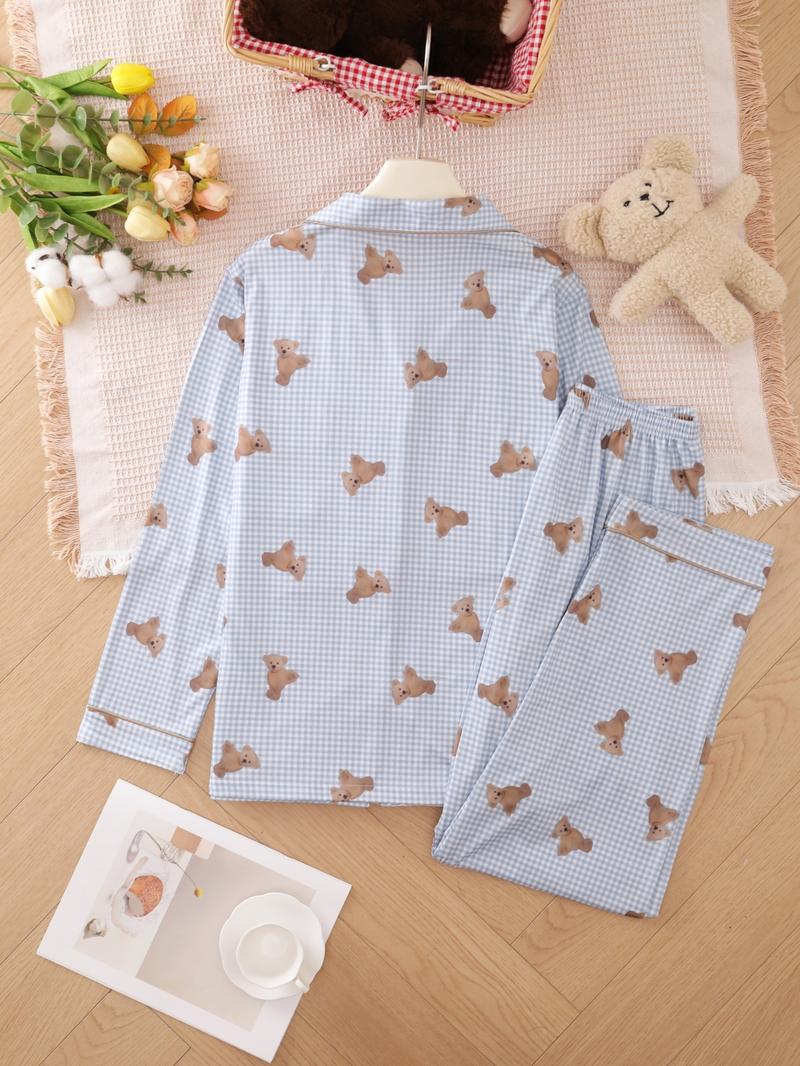 Two-piece Set Women's Heart/ Strawberry Print Pajama Set, Casual Comfy Long Sleeve Lapel Collar Top & Pants Pj Set, Ladies Sleepwear for Spring & Fall