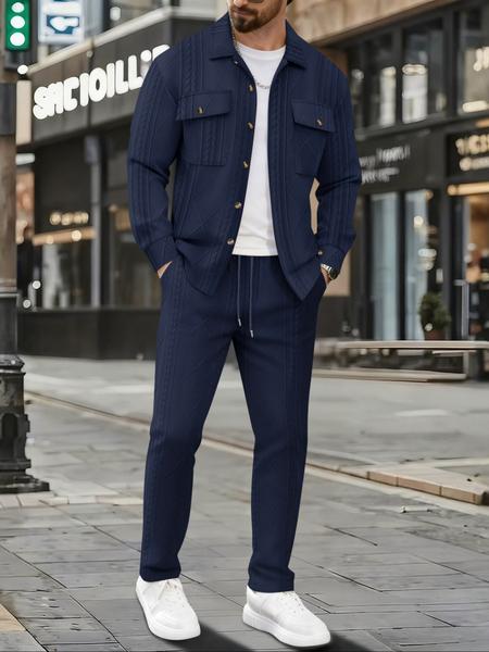 Men's Spring & Fall New Suit Set, Jacquard Heavyweight Reversible Collar Dual Pocket Long Sleeve Drawstring Pants, Soft Fabric