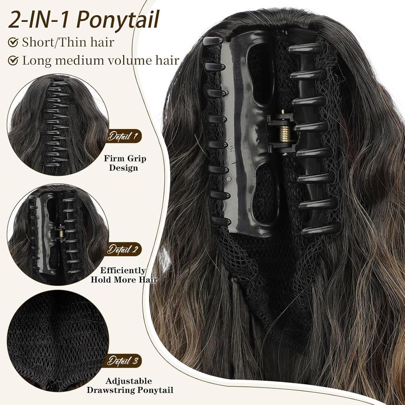 [kookastyle]  Ponytail Extension Claw 30" Curly Pony Tail Clip in Claw Hair Extensions Fluffy Natural Looking Synthetic Hairpiece for Women (Ombre Brown Mix Blonde)