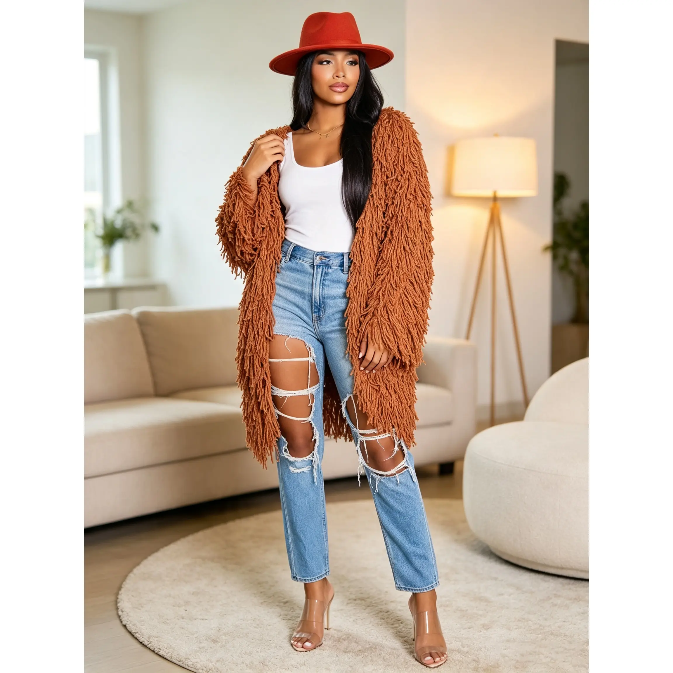 Crochet Fringe Open-Front Cardigan Dress for Women| Handmade Boho Knit Long Kimono| Summer Beach Cover-Up Layering Duster Breathable Knitwear