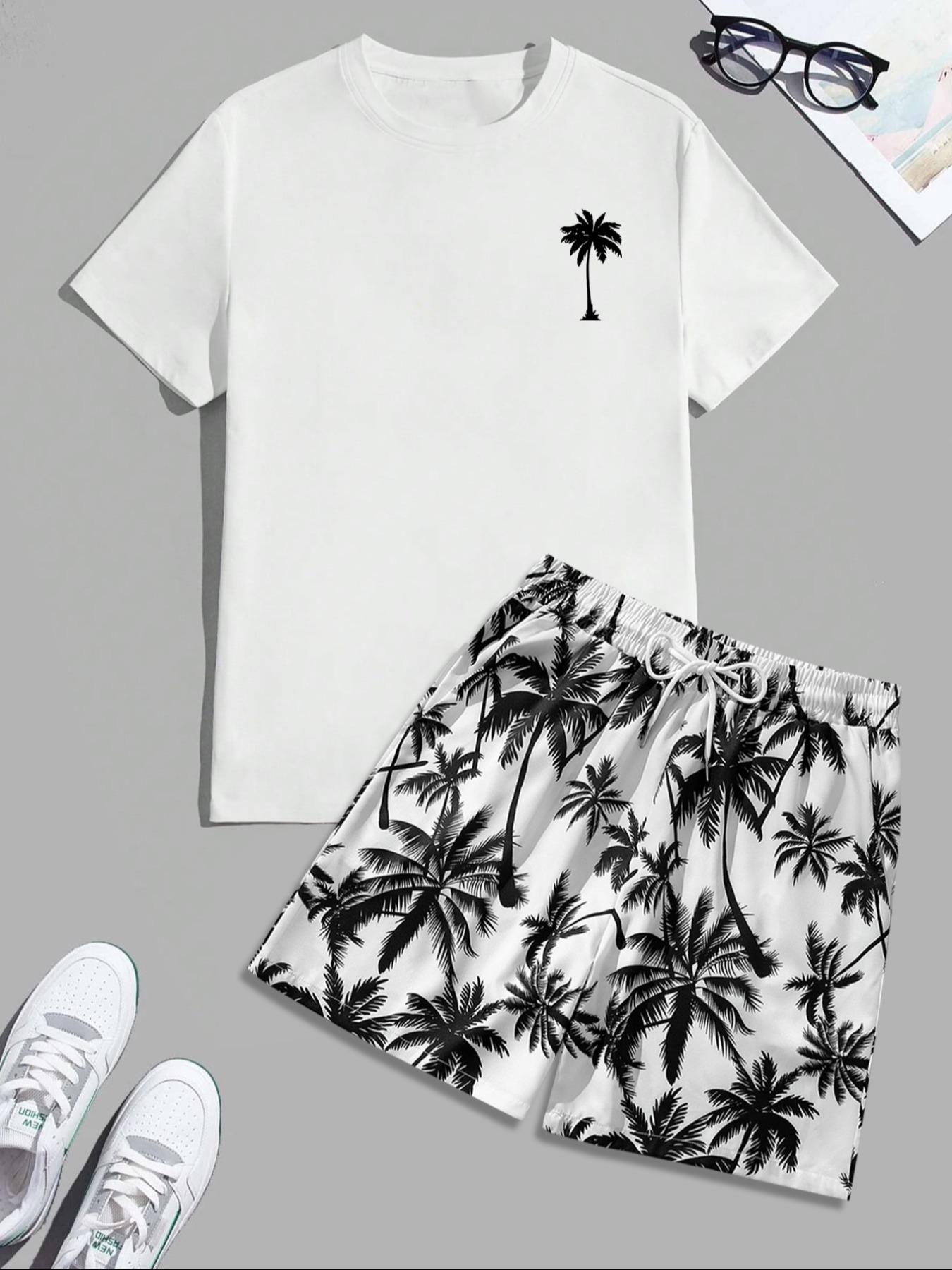 Men's Regular Fit Letter Print Shortsleeve Tee & Tropical Print Shorts Set, Casual Short Sleeve T-shirt & Drawstring Waist Shorts, Summer Clothes Set for Men, Homewear, Casual Lounge Set, Menswear, Pajamas Sleepwear