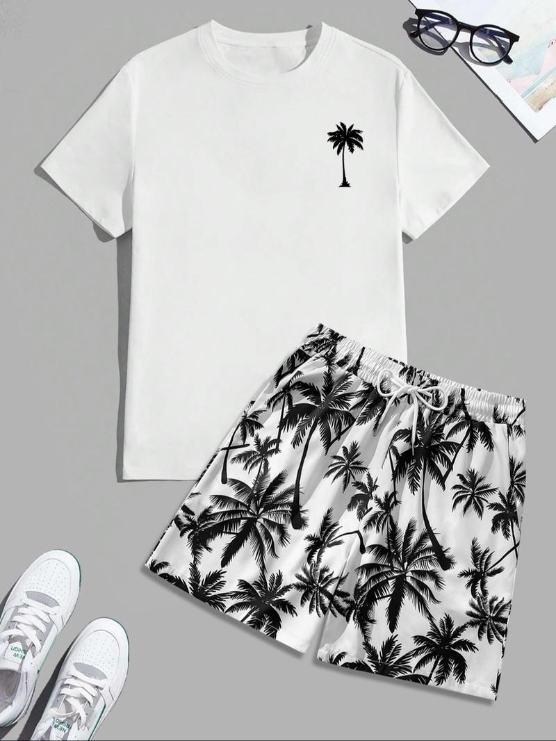 Men's Regular Fit Letter Print Shortsleeve Tee & Tropical Print Shorts Set, Casual Short Sleeve T-shirt & Drawstring Waist Shorts, Summer Clothes Set for Men, Homewear, Casual Lounge Set, Menswear, Pajamas Sleepwear