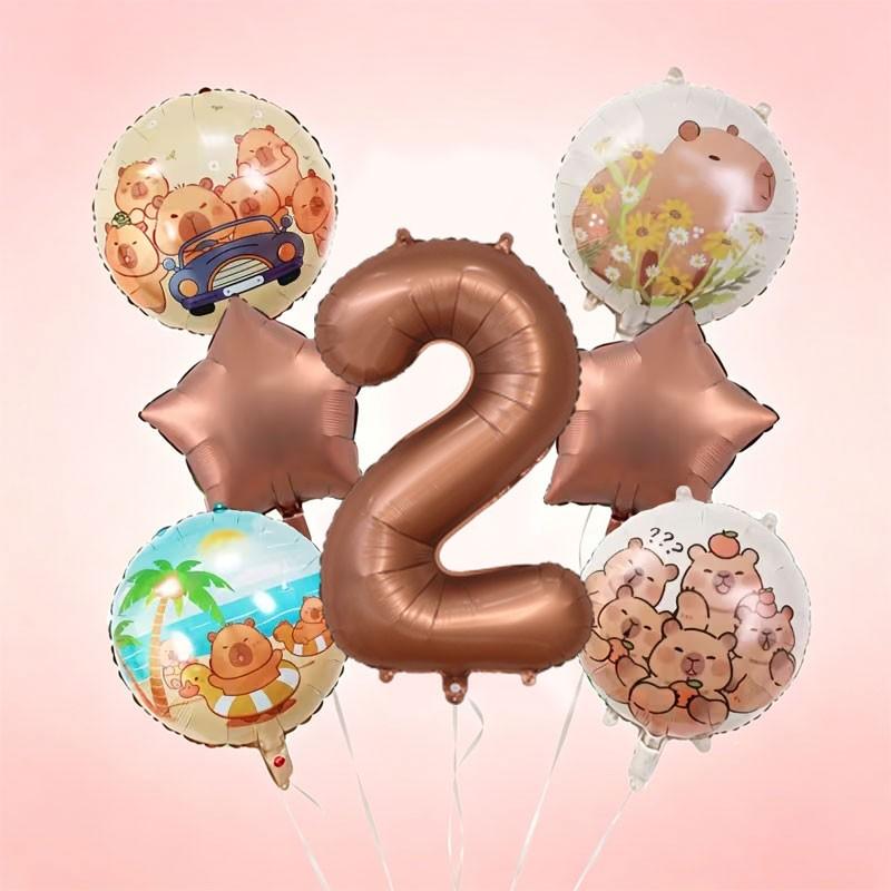 9-Piece Capybara Birthday Balloon Set, 32-Inch Chocolate Number, Shiny Star Aluminum Balloons, Party Decor, Kids Photo Props, Home Wall Decoration, Birthday Party Decorations