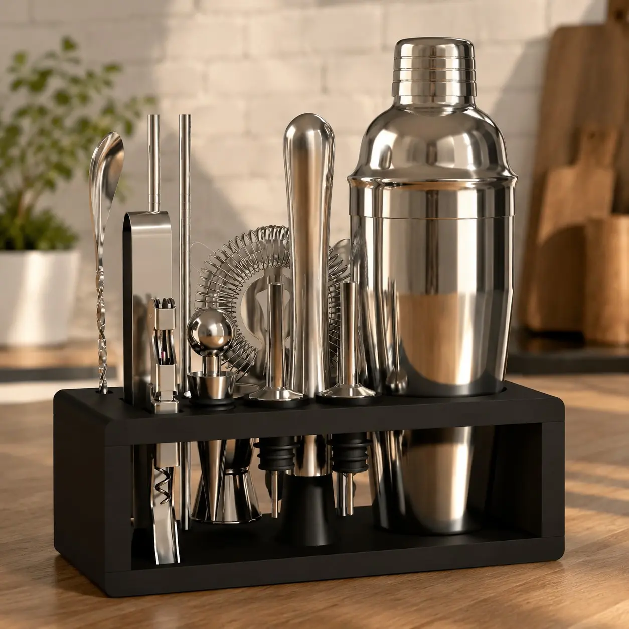 Mixology Bartender Kit with Stand - 15 Piece Bar Tool Set, Silver Cocktail Shaker Set for Drink Mixing - Includes Martini Shaker, Jigger, Strainer, Mixer Spoon, Tongs, Opener | Gift IdeaGift