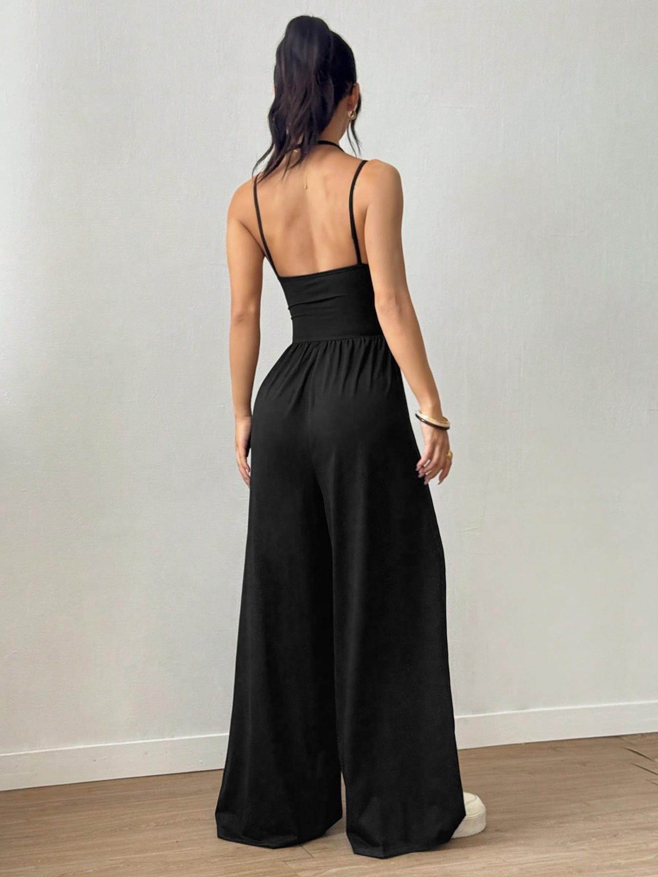 Lightweight Casual Everyday Jumpsuit, Slim Ruched Top & Wide Leg Bottom, Dual Purpose Sleepwear & Outerwear, Loose-Fitting Plain Basic Style, Minimalist, Casual Summer Jumpsuits