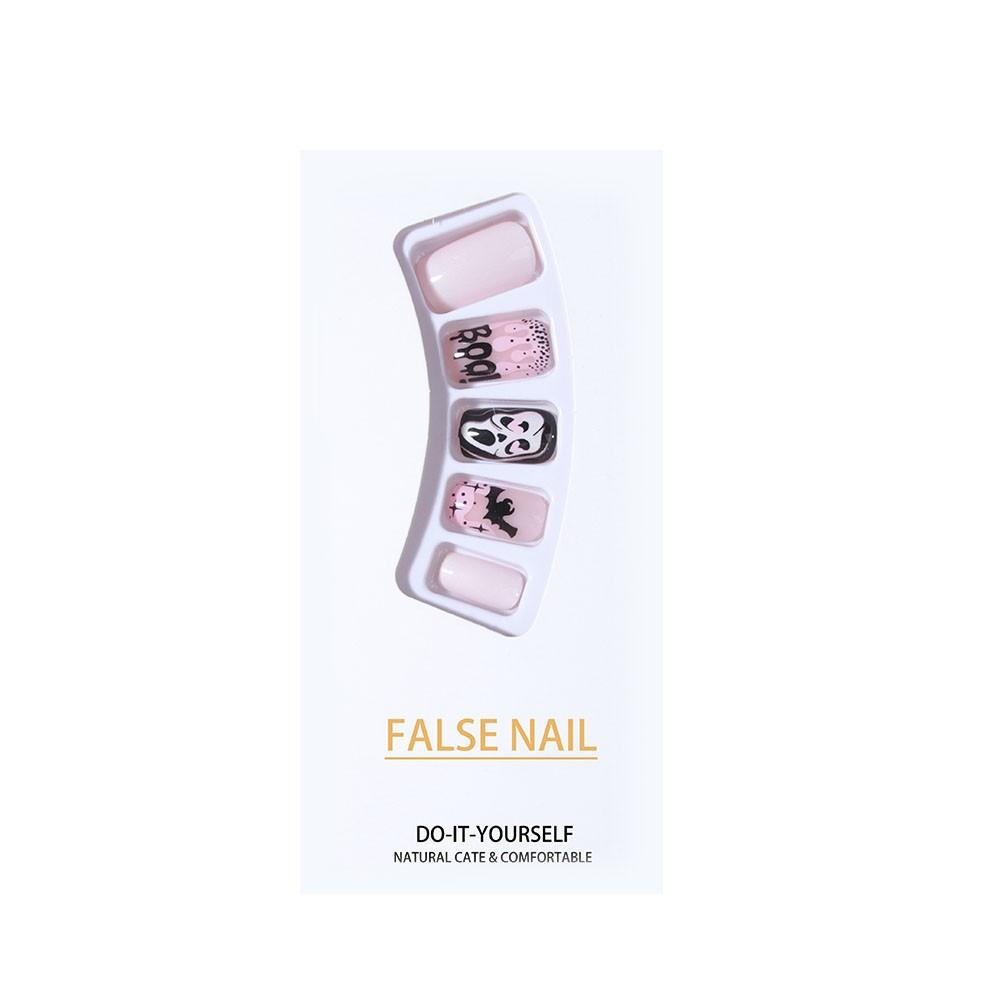 24pcs Halloween Nail Art Set, Ghost Bat Boo! Design, Glossy Finish, Medium Oval Shape, Easy Peel-Off, Perfect for Parties & Festivals