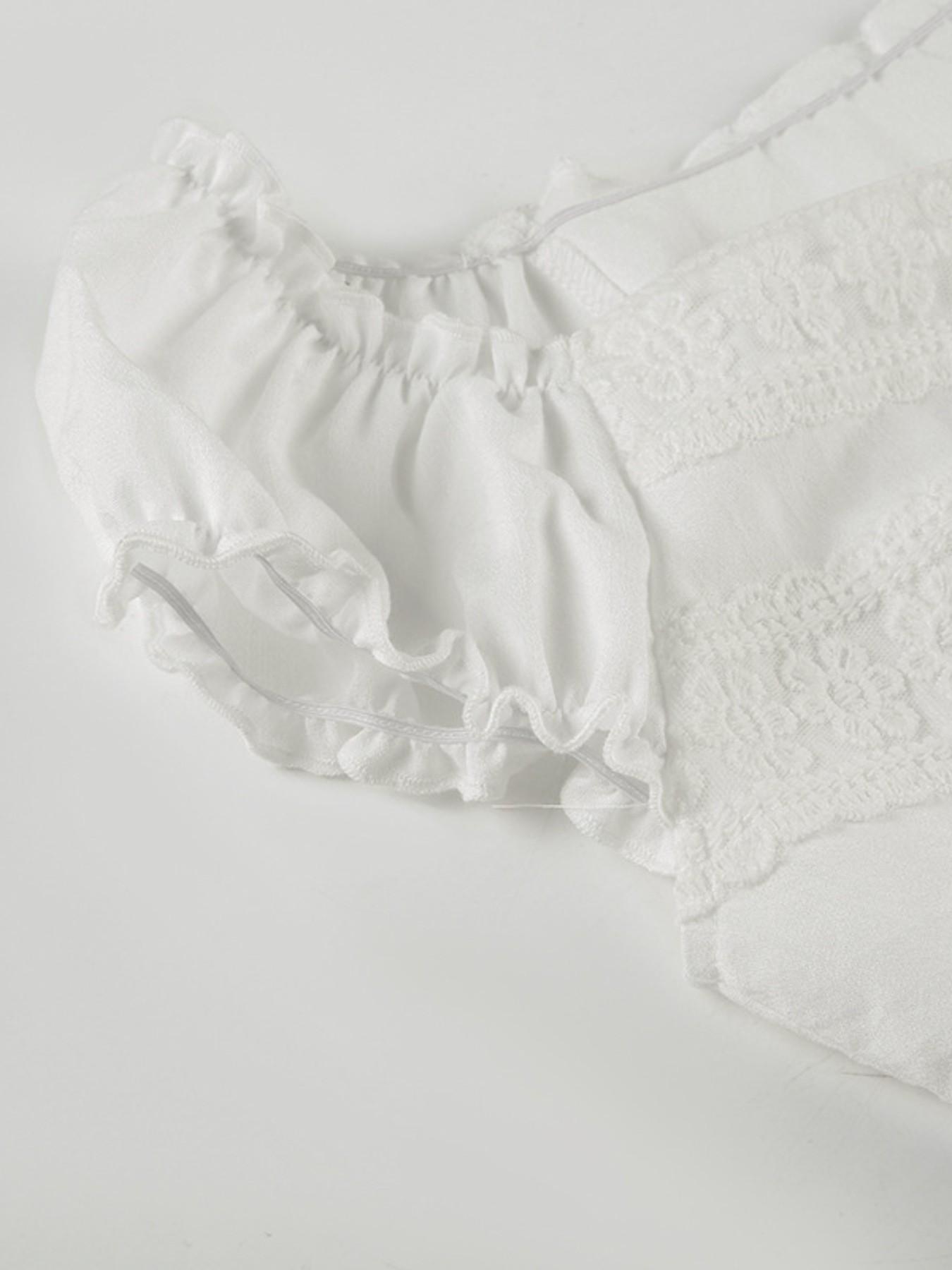 Women's Plain Contrast Lace Frill Trim Casual Button Front Blouse, Sweet Fashion Puff Sleeve Top for Summer, Women's Clothing for Daily Wear