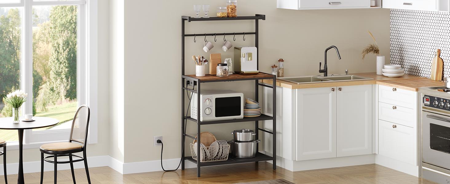 Rack with Power Outlet, Kitchen Storage Shelf with 6 Hooks, Microwave Stand with Storage, 4-Tier Coffee Bar Station, for Kitchen, Dining Room, Rustic Brown and Black BRHR351E01