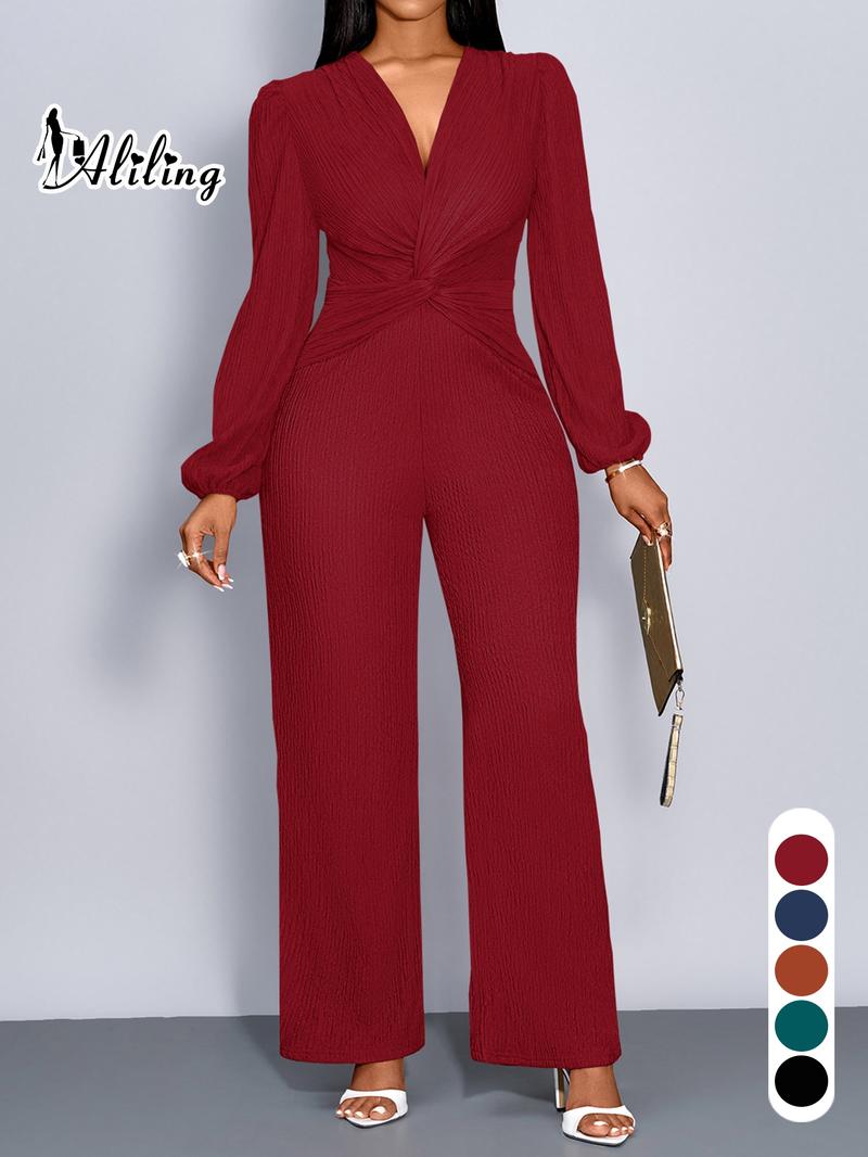 Aliling Fahsion Jumpsuit For Women Autumn Sexy Elegant Women's Jumpsuits, Deep V Neck High Waist Twist Design Long Pants, Puff Sleeve Wide Leg Pants Jumpsuit ,All Seasons Causal Wear