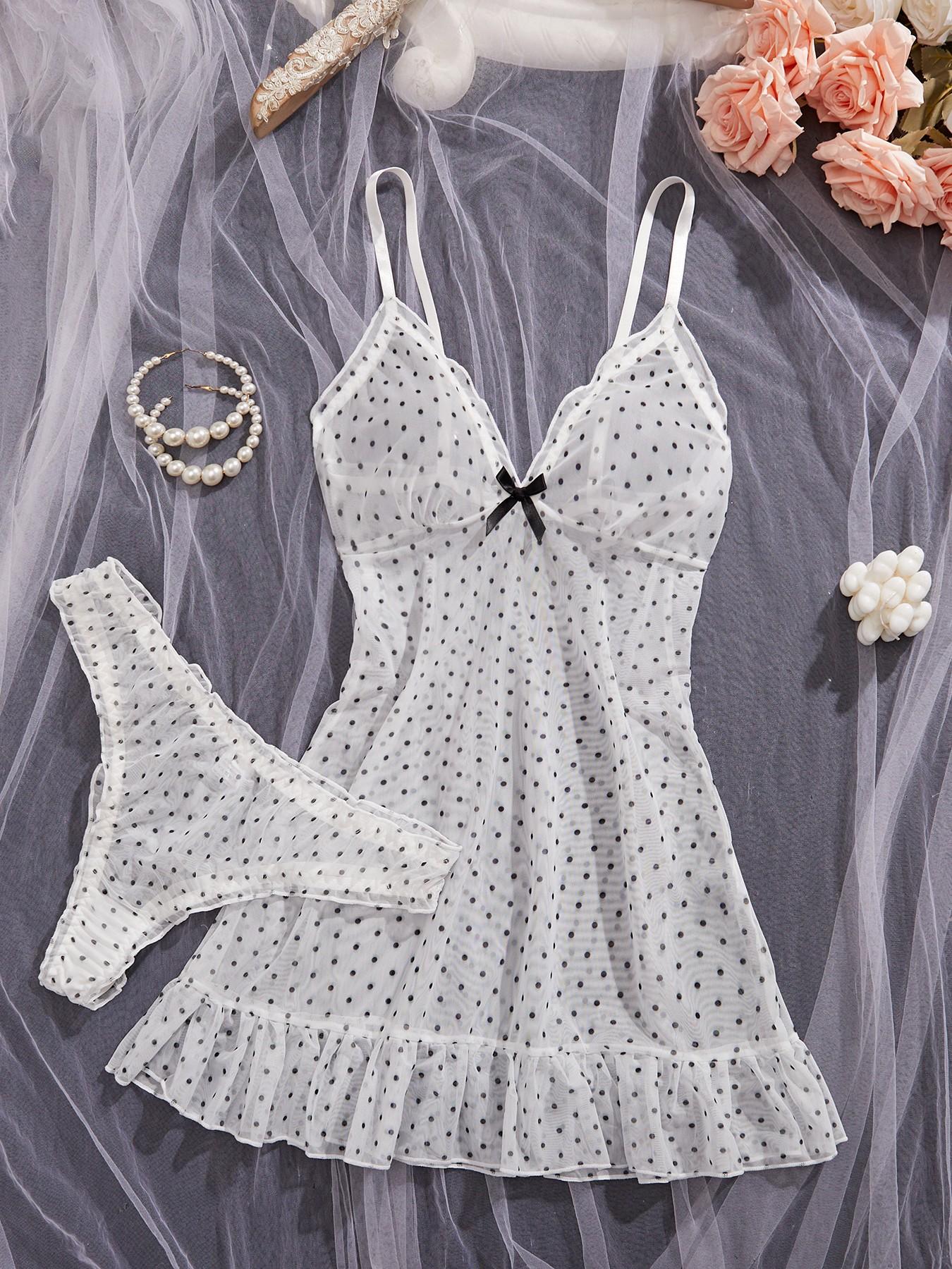 Women's Polka Dot Sheer Mesh Sleepwear Set, Elegant Ruffle Hem Nightgown with Bow Front Decor, Comfortable All-Season Pajamas