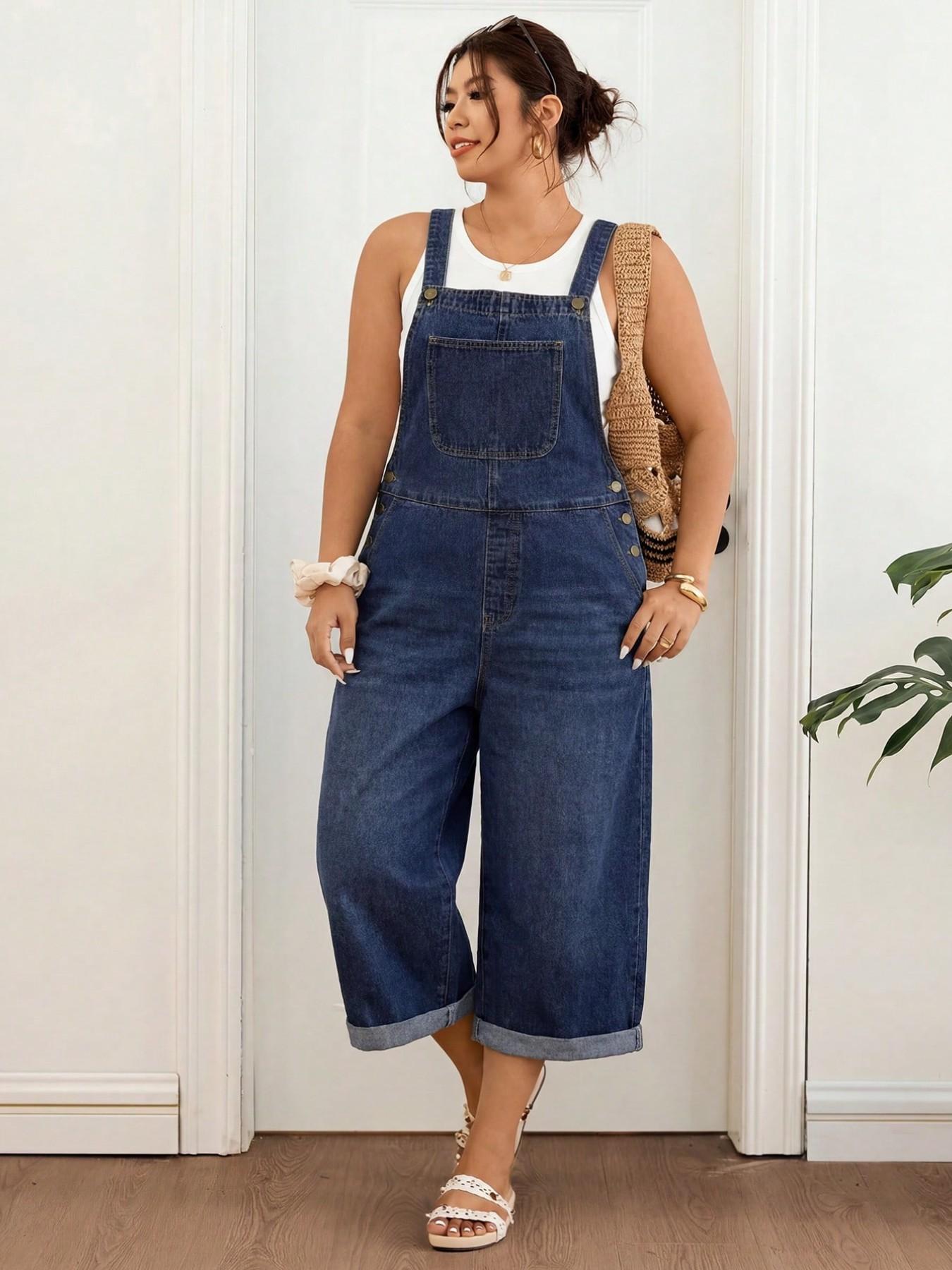 Plus Size Dark Wash Denim Capri Overalls, Side Button Detail Cuffed Raw Hem Loose Wide Leg Cropped Jumpsuit,Summer,Fall,Halloween,Back To School,Beach,Casual