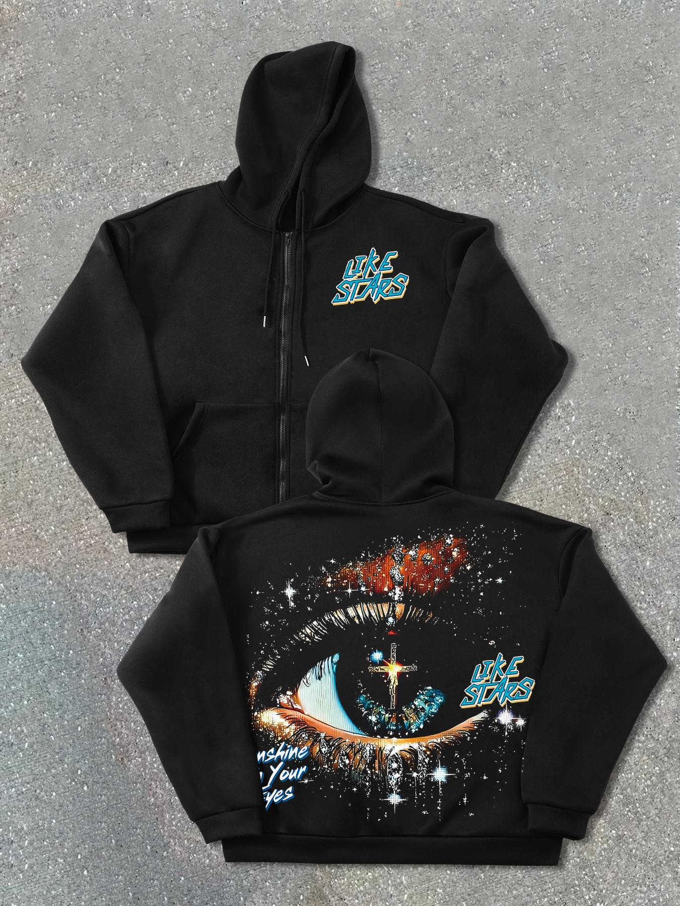 Autumn Winter Hooded Cardigan Sweatshirts Trendy Graphic Eye Letter Print Streetwear Street Style Fitted Knitwear, Thick Fabric, Perfect for Fall & Winter Seasons