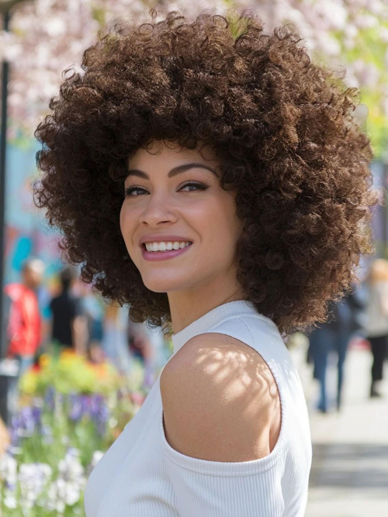 Chocolate Brown Fluffy Afro Synthetic Wig With Bangs High Temperature Fiber Short Kinky Curly Full Wig Retro Style For Women Party Cosplay Photoshoot