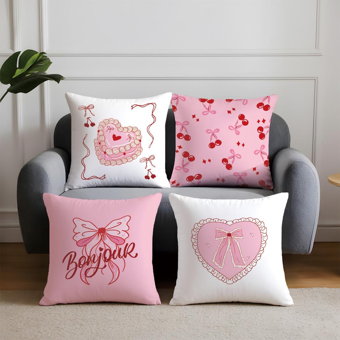 4pcs Cute Bow Cherry Illustration Pillow Covers, Single-Sided Print, Simple Home Decor for Living Room Bedroom, No Insert Included