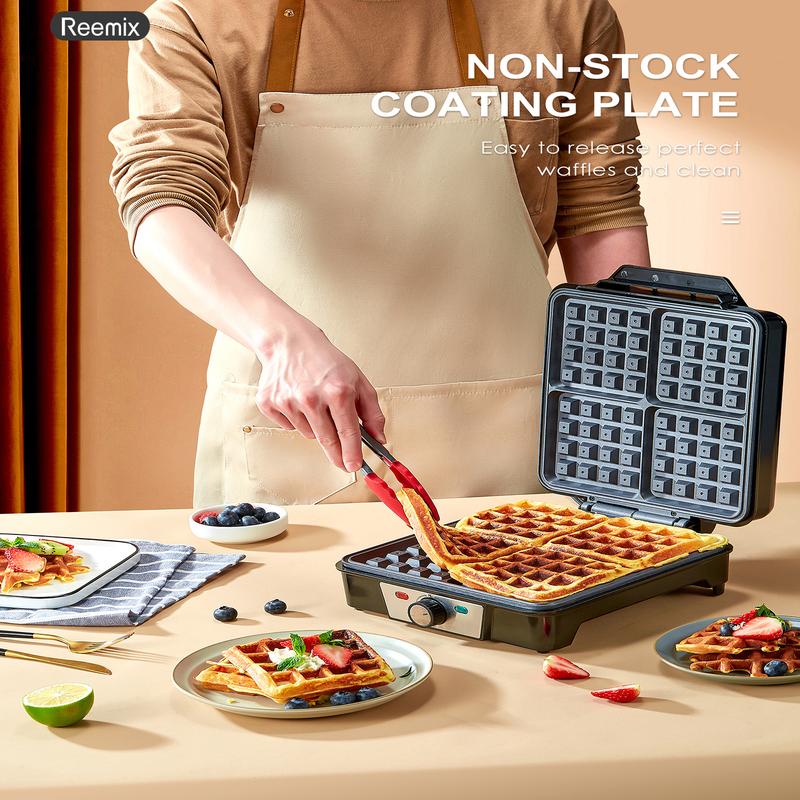 4-Slice Belgian Waffle Maker, 3 Browning Levels with Nonstick Square Waffler Iron Plates, 1200 Watts, Compact Design for Easy Storage, Stainless Steel/Black 4-Slice Belgian Waffle Maker, 3 Browning Levels with Nonstick Square Waffler Iron Plates, 1200 Watts, Compact Design for Easy Storage, Stainless Steel/Black