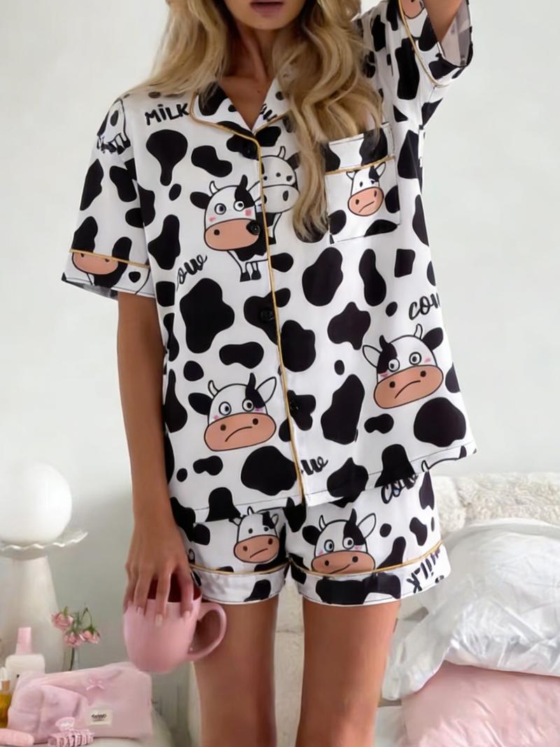 2-Piece Women's Set: White Base with Full Cow Print Cartoon Cow Design Short Sleeve Shorts Soft Comfortable Top with Small Pockets Notch Lapel Design Button Closure Elastic Waistband Suitable for All Seasons Home Daily Casual Pajama Set