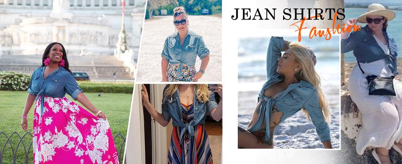 Ommig Women's  Denim Crop Top Tie Knot Shirt 3/4 Sleeve Cardigan