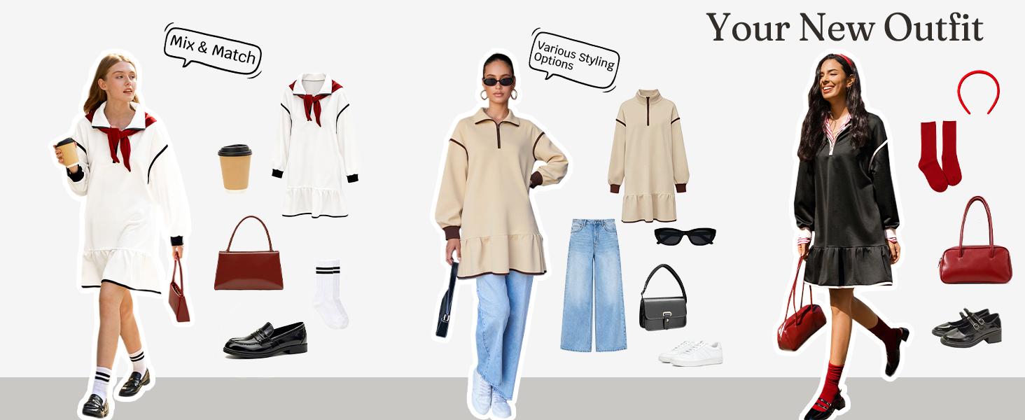 Wenrine Women's 2025 Fall Oversized Sweatshirt Dress Casual Long Sleeve Quarter Zip Ruffle Hem Pullover Mini Dresses Soft Polyester Fabric Basic Minimalist Design Womenswear Summer