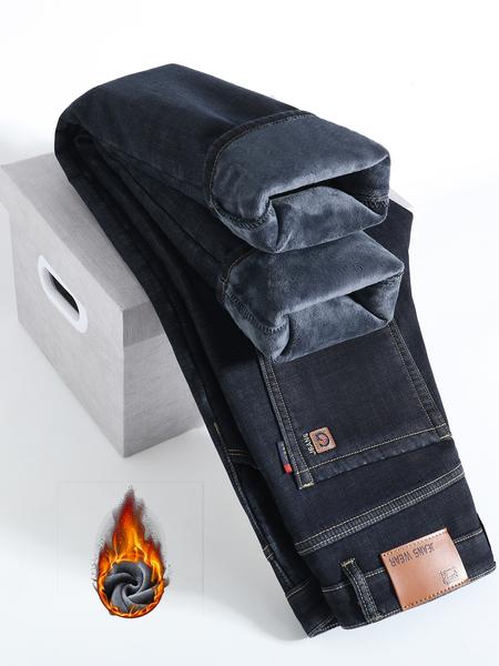 Men's Fleece Lined Denim Jeans, Loose Straight Leg Long Pants, Cotton Elastic Warm Winter Wear, Casual Fashion for Fall & Winter