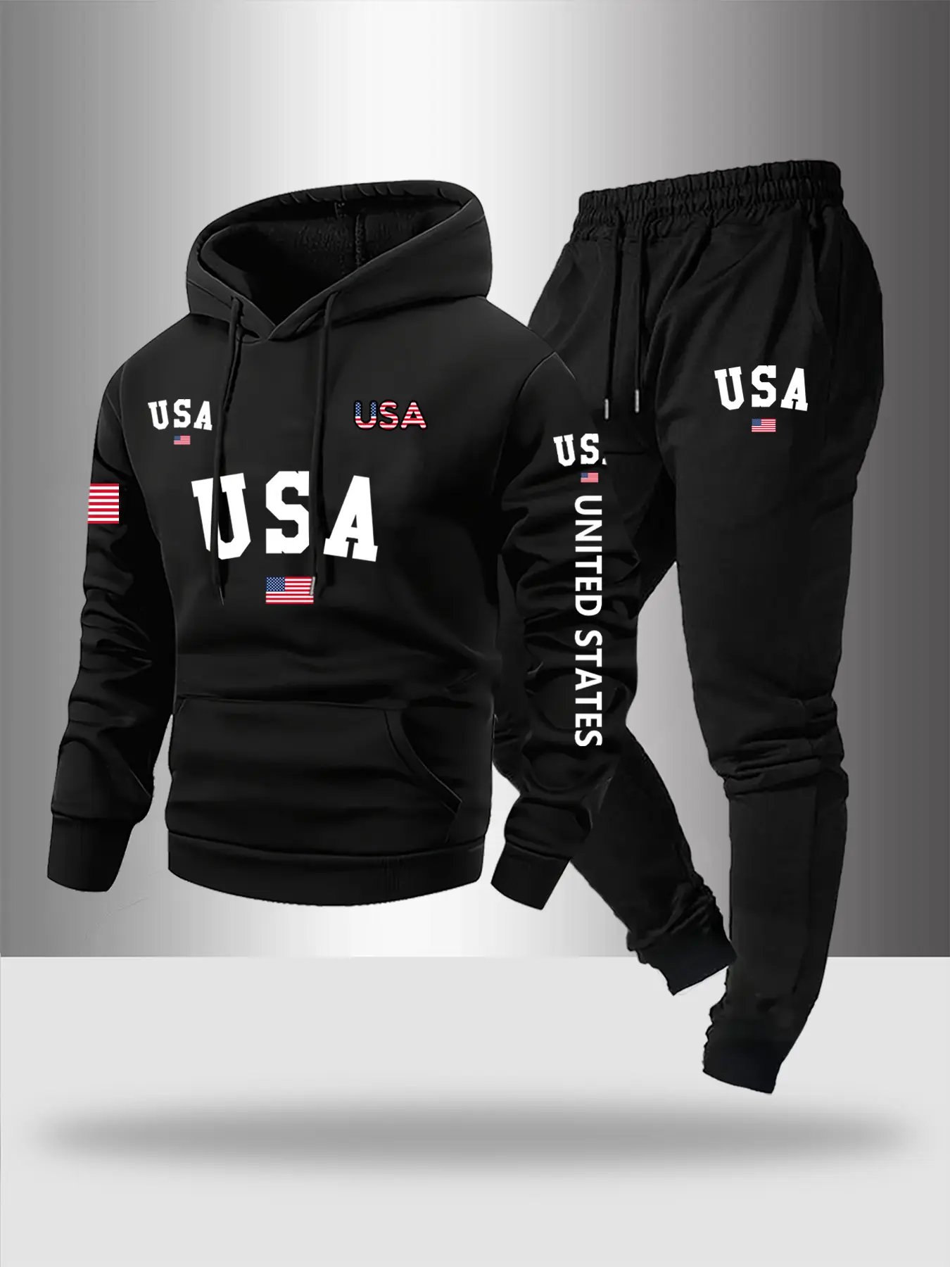 Men's Letter Print Hoodie Set, Usa Flag Design, Pocket Drawstring Long Sleeves Sweatshirt & Elastic Waist Pants, Fall Winter Casual Wear, Track Pants Set, Hooded Sweatshirt Set