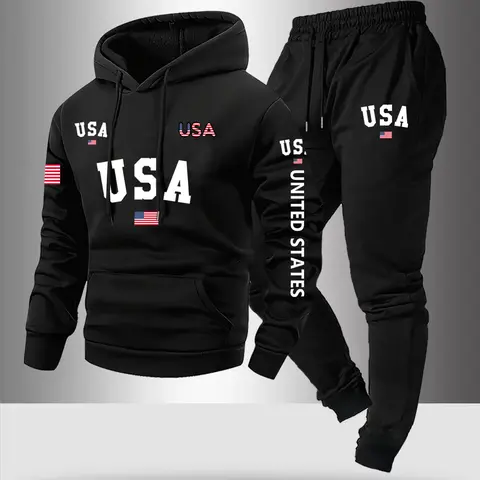 Men's Letter Print Hoodie Set, Usa Flag Design, Pocket Drawstring Long Sleeves Sweatshirt & Elastic Waist Pants, Fall Winter Casual Wear, Track Pants Set, Hooded Sweatshirt Set