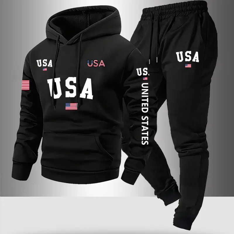 Men's Letter Print Hoodie Set, Usa Flag Design, Pocket Drawstring Long Sleeves Sweatshirt & Elastic Waist Pants, Fall Winter Casual Wear, Track Pants Set, Hooded Sweatshirt Set