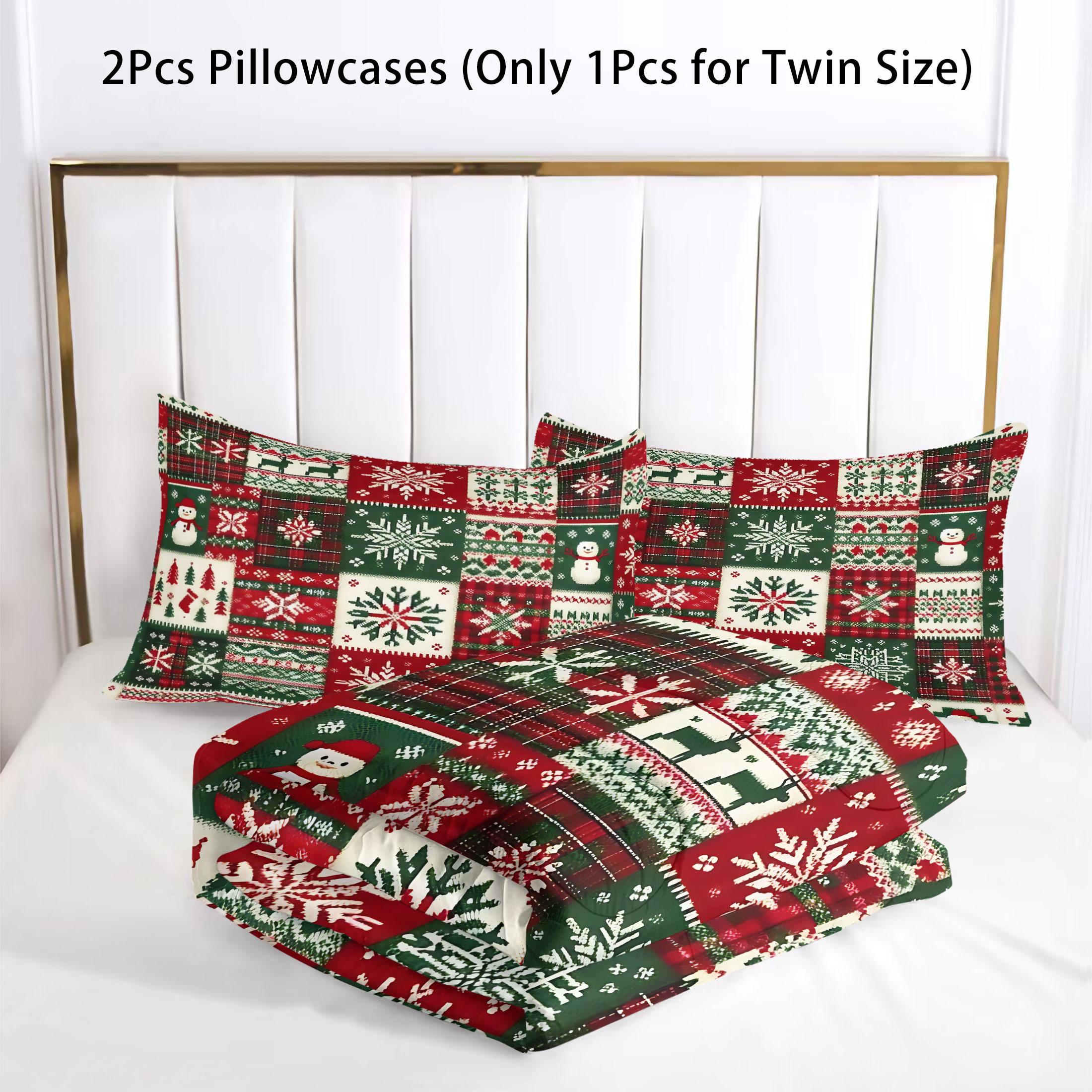 Christmas Patchwork Comforter Set, Festive Quilted Bedding Set with Snowmen, Reindeer, and Snowflakes, Cozy Holiday Decor for a Joyful Bedroom, Perfect for Winter and Holiday Celebrations, with 1 or 2 Pillowcase No Pillow Core, Bed Sheet Sets