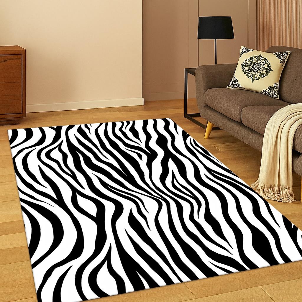 Black White Zebra Print Flannel Area Rug - Modern Animal Stripe Pattern Soft Mat for Living Room, Non-Slip Bohemian Home Decor#ZebraPrintRug #AnimalStripeMat #BohoHomeDecor #ModernCarpet #NonSlipFlannelRug